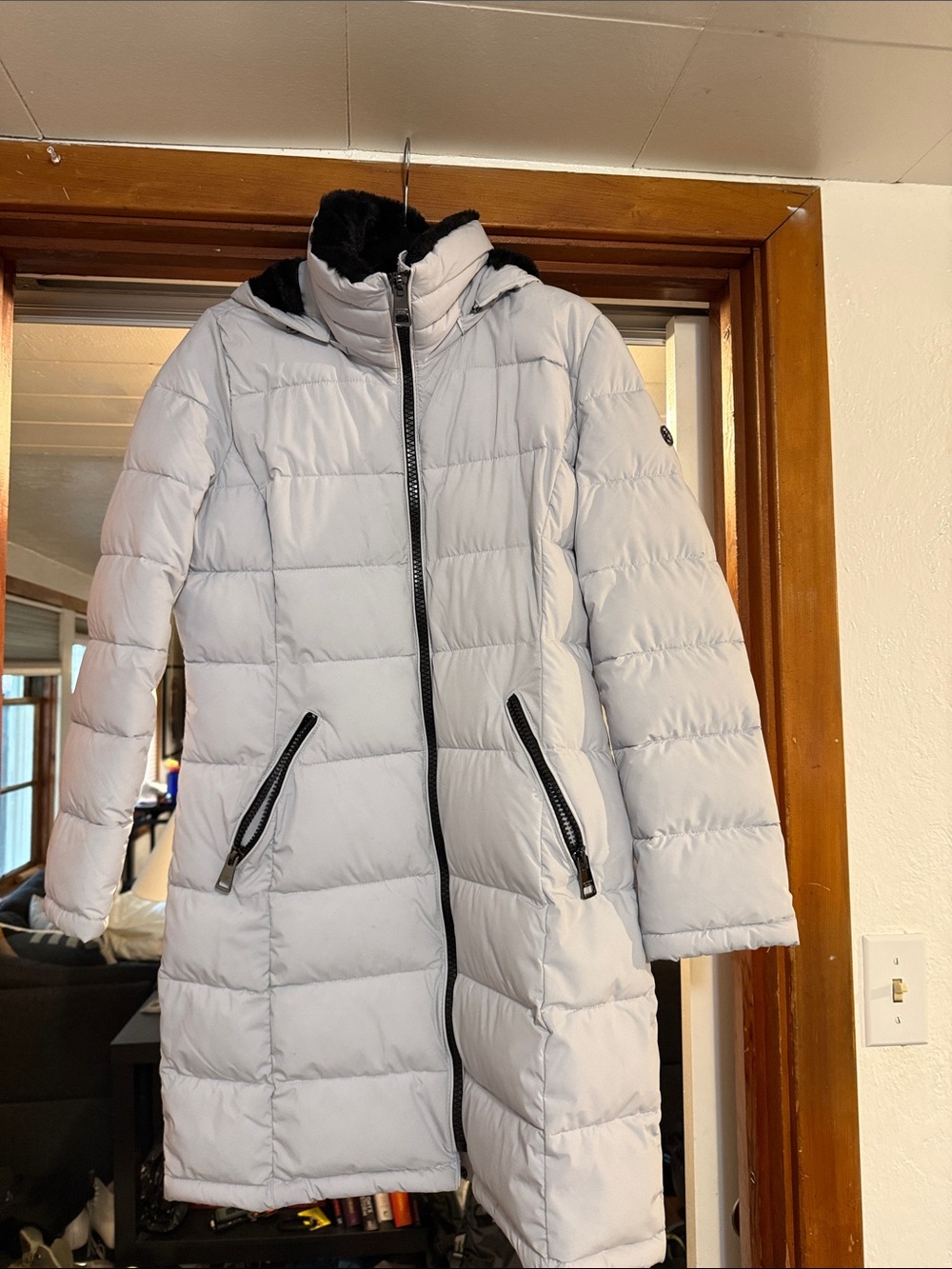 Andrew Marc Light Gray Quilted Long Puffer Coat with Black Trim